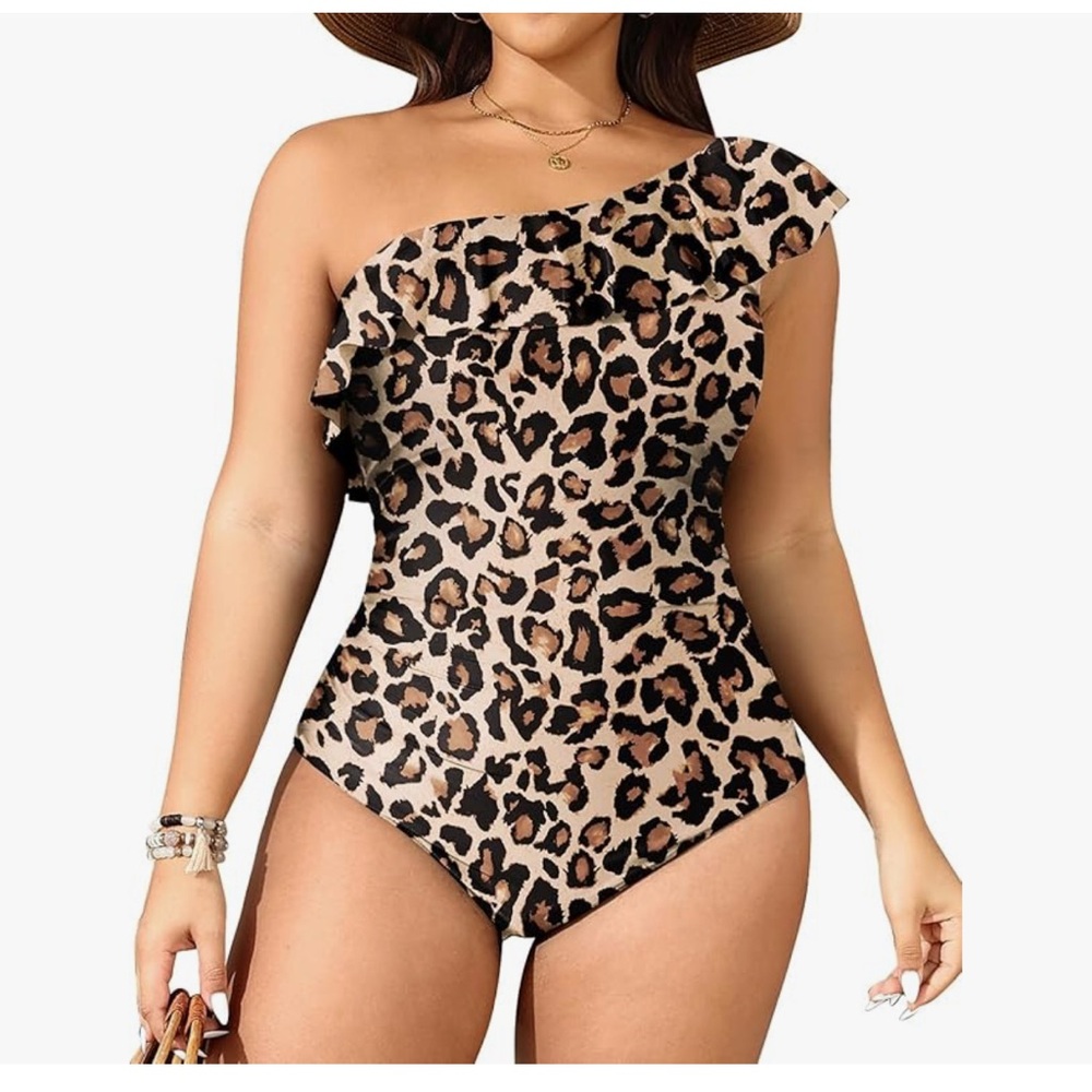 Aqua Eve Plus Size Bathing Suits One Piece, One Shoulder Ruffle Tummy Control